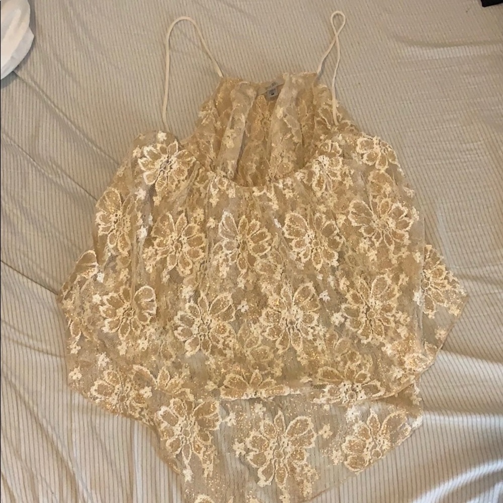 Gold lace top with handkerchief hem